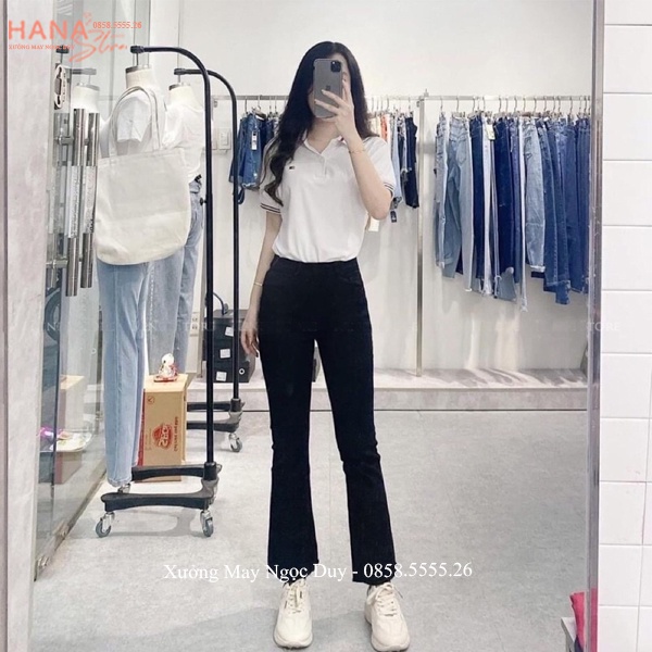 Quần jean ống loe cạp cao nữ màu đen trơn vải bò giấy co giãn Hàn Quốc - Quần tây ống loe jean đi học làm công sở chơi
