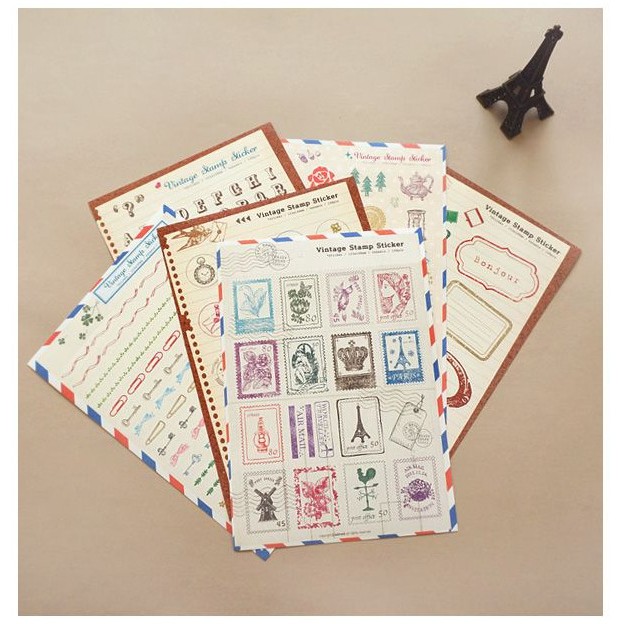 Decorme Sticker vintage stamp phong cách cổ điển trang trí sổ tay, bullet journal set 6 tấm