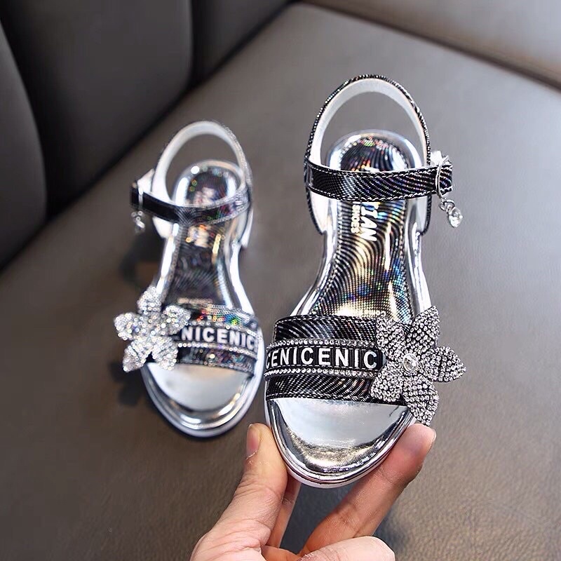 Sandal có gót bé gái - dép quai hậu cho bé da PU bóng ánh kim êm chân nơ hoa đá sang chảnh  full box yy1917 (sz26-sz36)