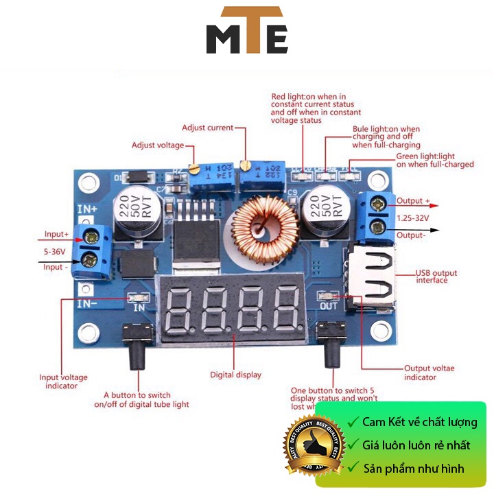 Mạch nguồn hạ áp DC 5A chỉnh dòng áp hiển thị led dùng làm nguồn đa năng, sạc pin lithium