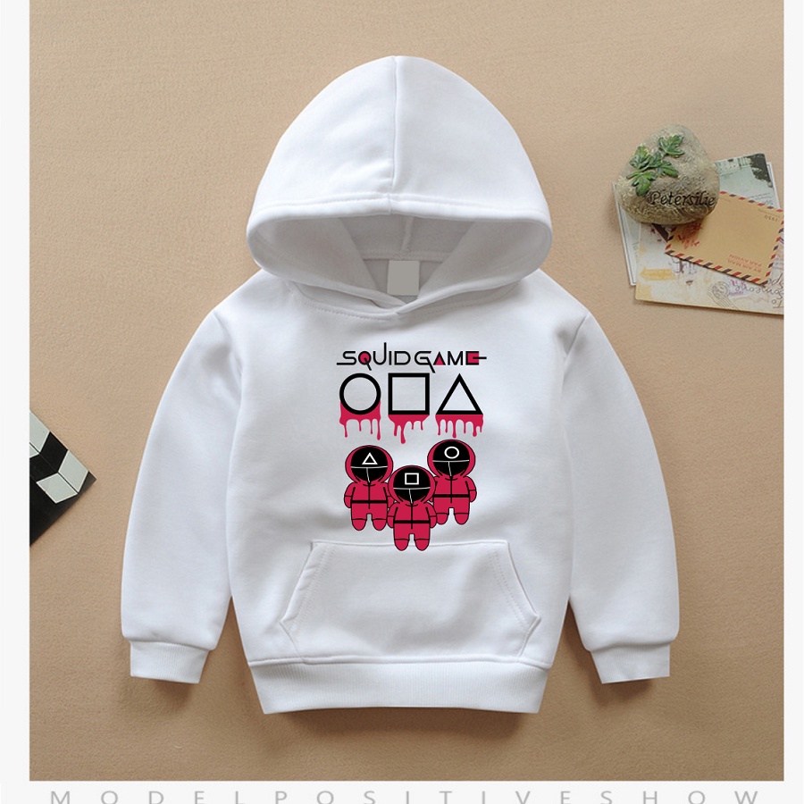 Áo squid game áo khoác hoodie trò chơi con mực màu trắng cực chất cho bé trai bé gái