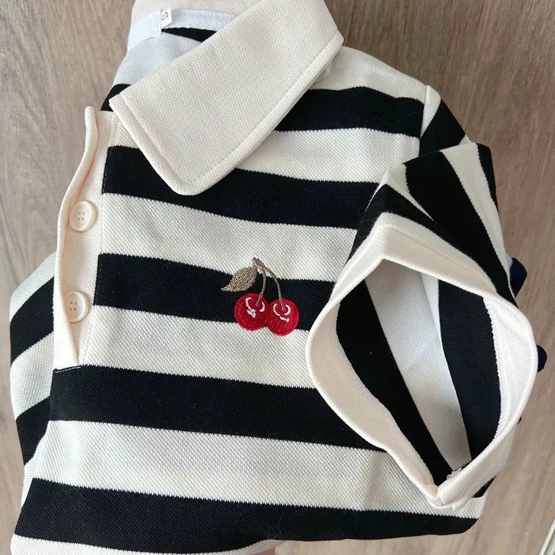 Áo Polo Nữ Ngắn Tay Kẻ Ngang Thêu Hình Quả 🍒  ❤️