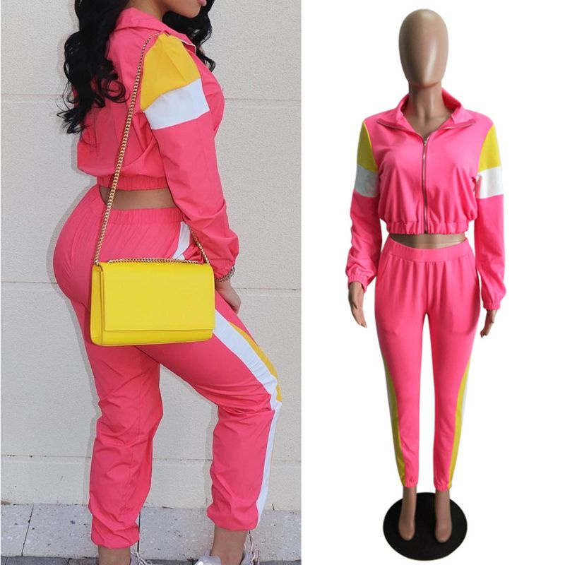 Xiabao Bộ Đồ Thể Thao Dài Tay Phối Màu Khối Kẻ Sọc 2 Màu Có Khóa Kéo Cho Nữ