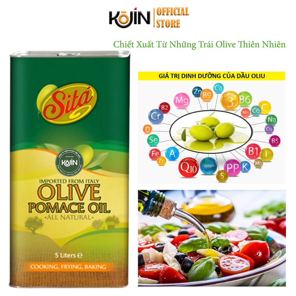 Dầu Oliu Italy Nguyên Chất Pomace CAN THIẾC 5L Kojin nhãn hiệu Sità Chuyên Dùng Chiên Rán Làm Bánh Hàng Mới Nhập Khẩu Ý