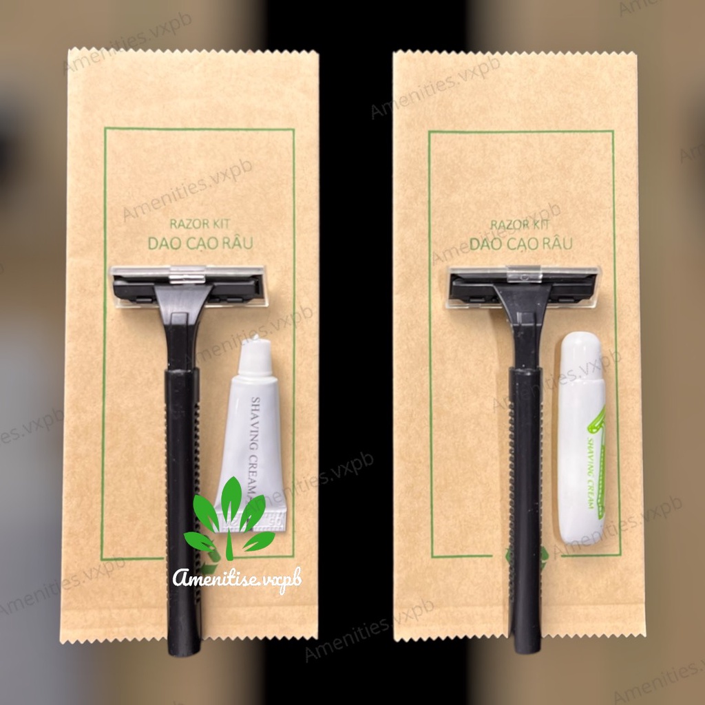 100 dao cạo râu cán nhựa tròn kèm kem cạo đút túi kraft tự hủy cho khách sạn, nhà nghỉ, homesaty, villa,...