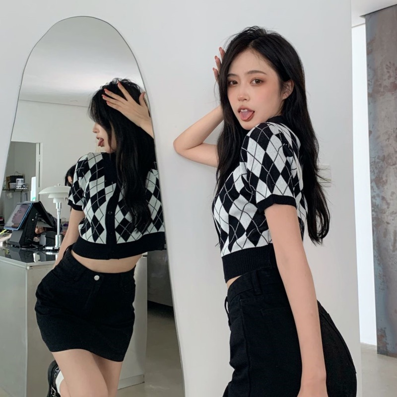 Áo Polo Tay Ngắn Họa Tiết Kim Cương 175285 Áo Dệt Kim Ngắn Phong Cách Retro Thời Trang Mùa Hè Dành Cho Nữ