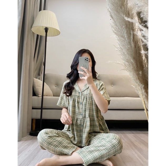 Bộ Pijama Chất Đũi Kẻ Dáng Babydoll Hàng Thiết Kế Cao Cấp Mặc Nhà