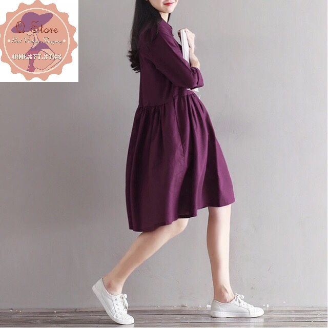 Đầm cổ sơ mi dáng xòe màu tím nho | BigBuy360 - bigbuy360.vn