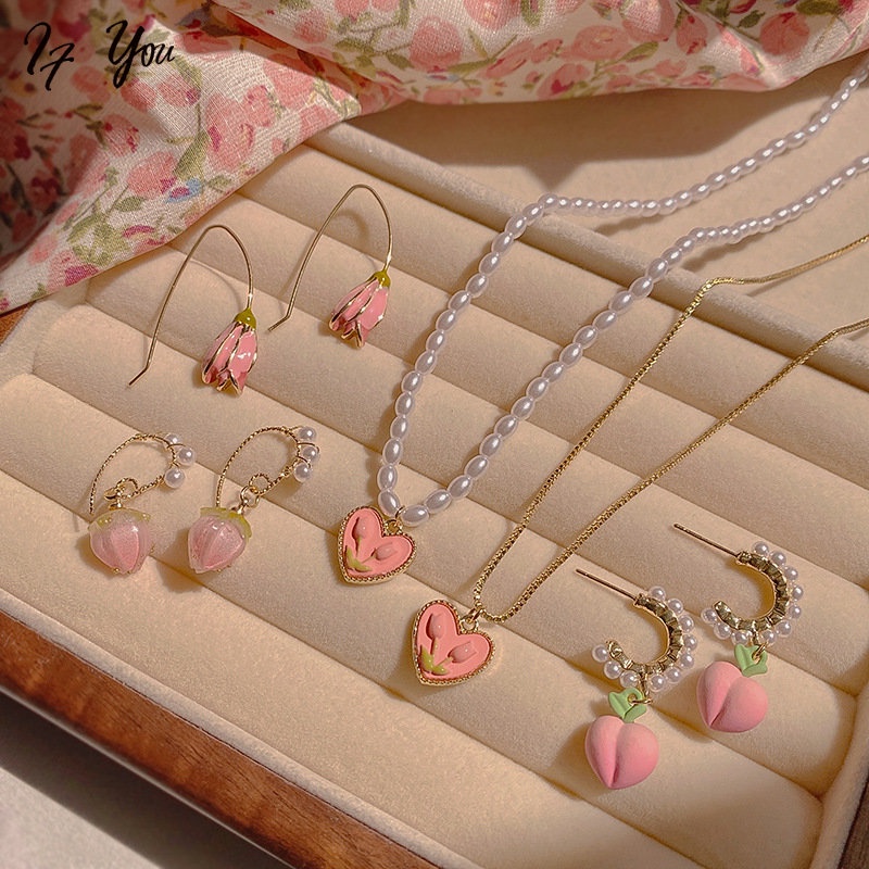 Vòng cổ/ bông tai AY hình hoa tulip/ trái đào/ heo hồng đính ngọc trai phong cách Hàn Quốc cho nữ