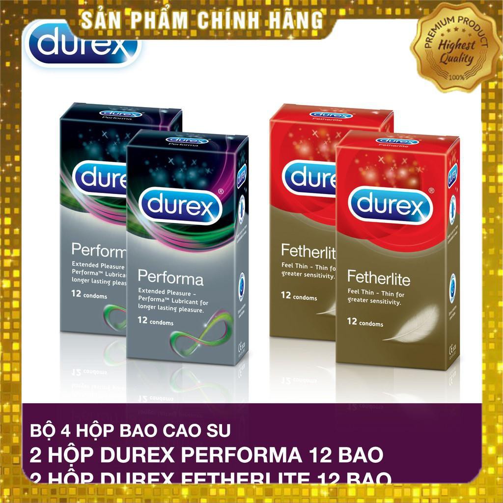 [GIÁ LẺ NHƯ SỈ][CHÍNH HÃNG] Bộ 4 hộp bao cao su Durex Performa và Durex Fetherlite (12 bao), ca 1 dạo đầu ca 2 bền lâu