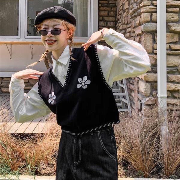 Áo len không tay cổ chữ v dáng rộng phong cách Hàn Quốc thời trang