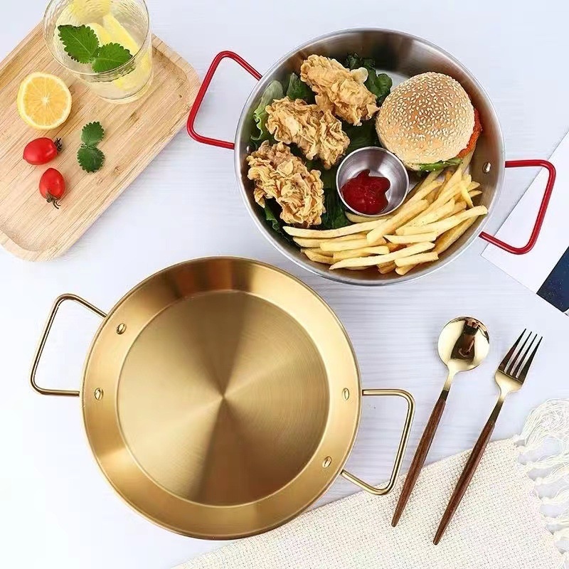 Khay hải sản Hàn Quốc khay đáy bằng chất liệu inox khay đựng cơm chiên khay đựng gà chiên hai quai khay đựng Mỳ Ý Salad khay màu vàng kim khay đa năng
