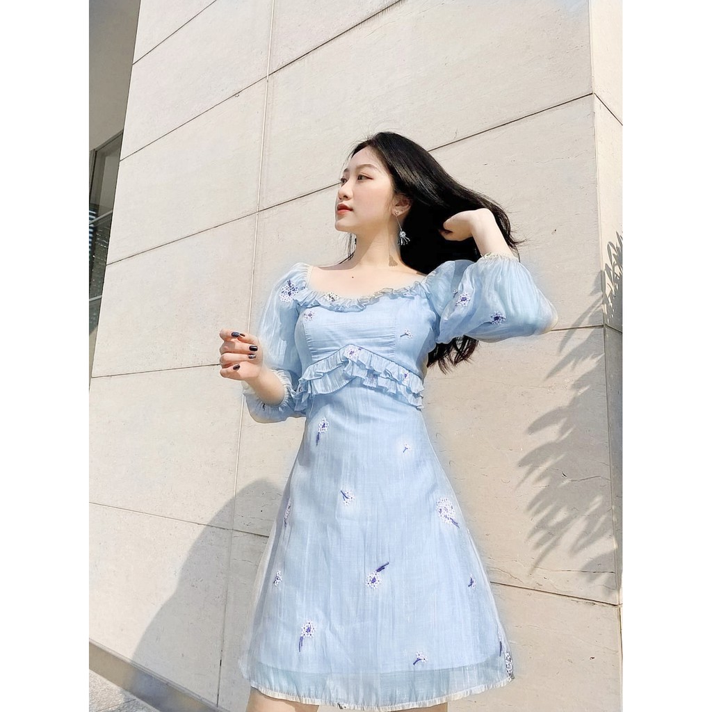 Váy đầm tơ thêu hoa cúc dại tay bồng dịu dàng xinh xắn nhẹ nhàng dáng xòe bigsize bầu freesize