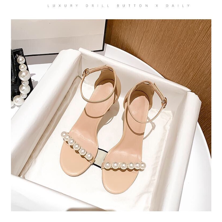 Giày sandal cao gót nữ chất liệu da mờ kiểu dáng quai ngang dây ngọc TT161