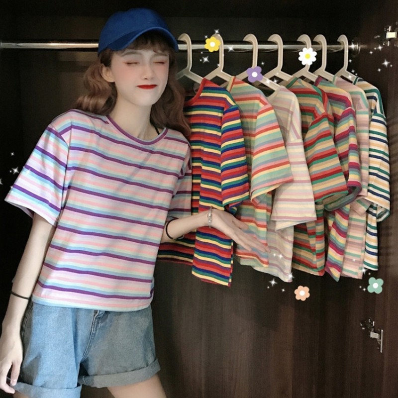 Áo Thun Lửng Tay Ngắn Kẻ Sọc Cầu Vồng Thời Trang Cho Nữ