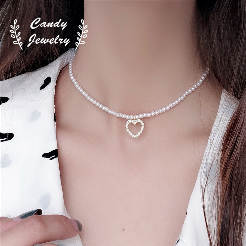 Vòng cổ chuỗi ngọc trai phối mặt hình trái tim kim cương tinh xảo đơn giản làm quà tặng cho nữ