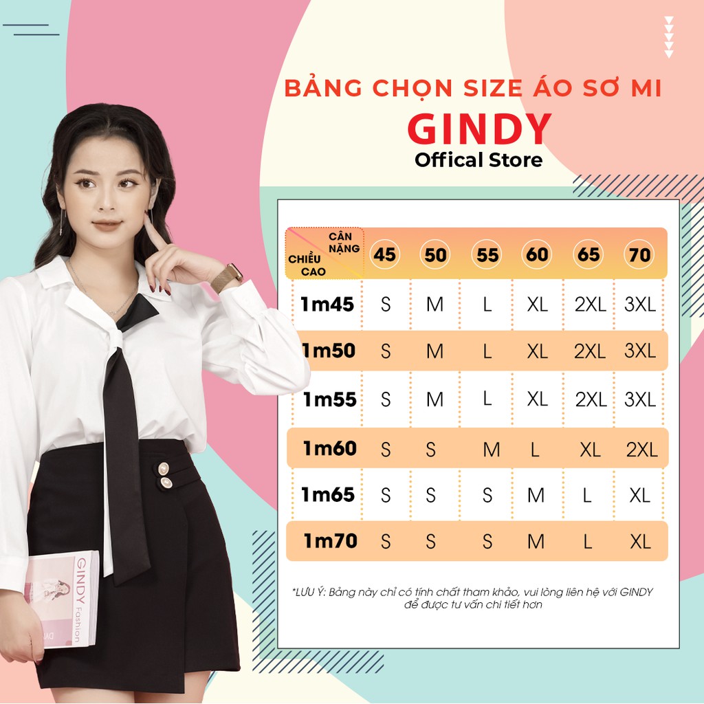 Áo sơ mi nữ lụa mềm GINDY cổ cà vạt tay dài dáng basic suông trơn phối màu thời trang sơmi công sở, học sinh A10008