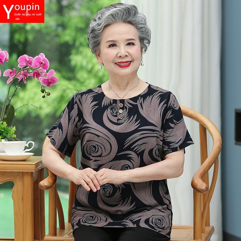 Bộ đồ lụa cotton ngắn tay mùa hè dành cho người cao tuổi, Quần áo áo phông in hình bà