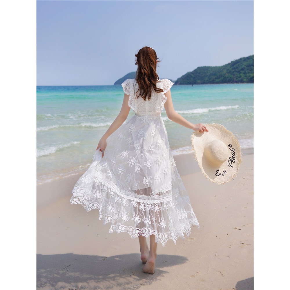 [ORDER] Đầm maxi ren trắng cổ V tay cánh tiên (có ảnh thật)