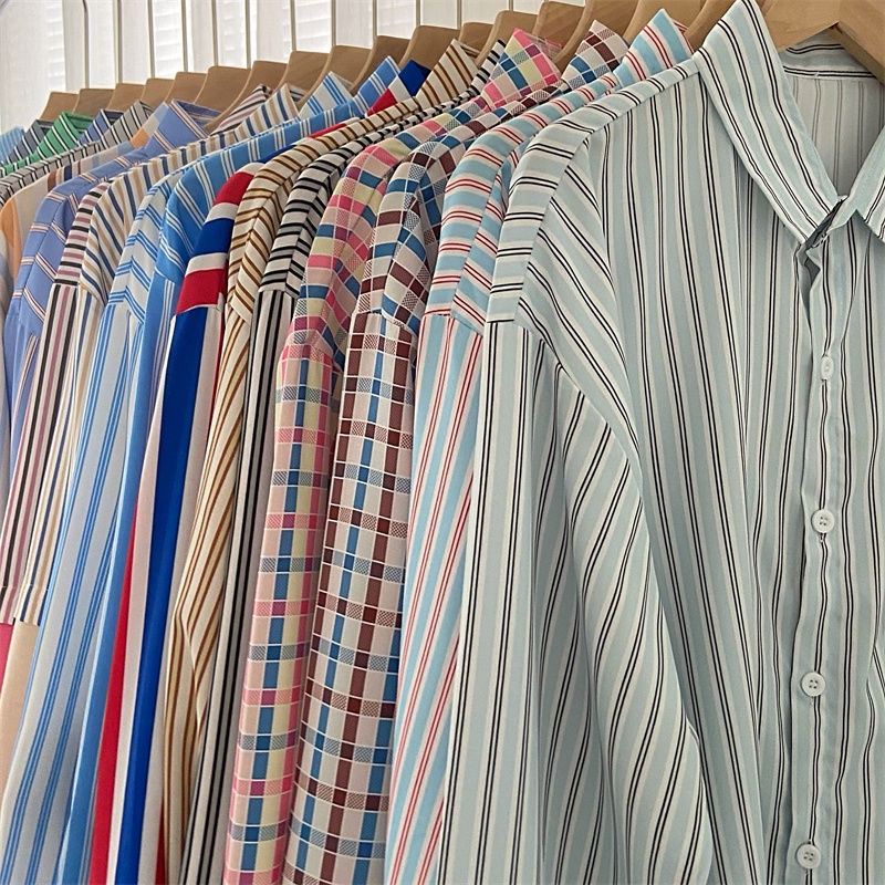 Áo sơ mi dài tay cổ bẻ họa tiết sọc phong cách Hàn Quốc dành cho nữ