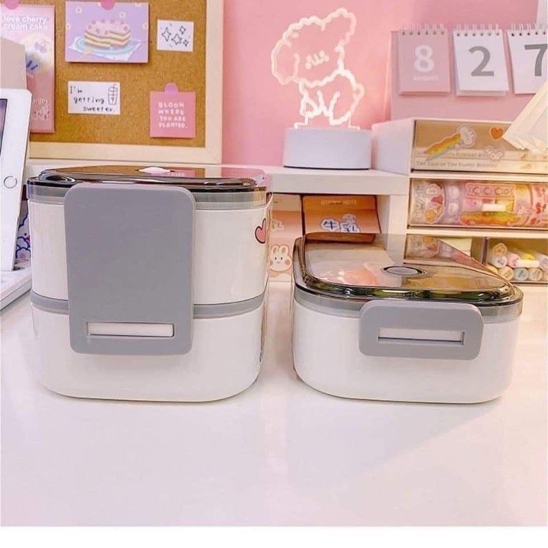 Hộp cơm văn phòng 2 tầng giữ nhiệt tặng kèm sticker siêu cute kèm muỗng đũa - shopforgirl