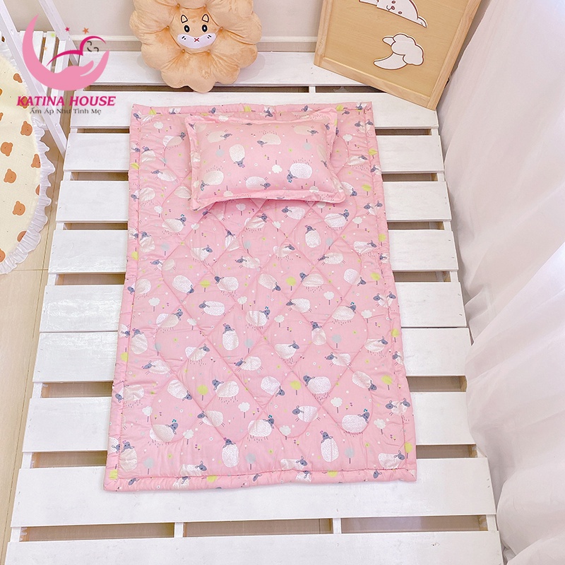 Bộ nệm gối cho bé đi học mẫu giáo 80x120cm, vải cotton satin hàn quốc đẹp, mềm mát, họa tiết sắc nét