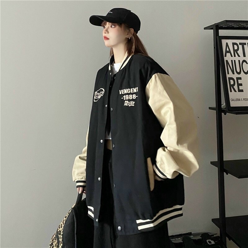 Áo khoác bomber bóng chày thêu chữ kaki da lộn 2 lớp unisex ulzzang nam nữ