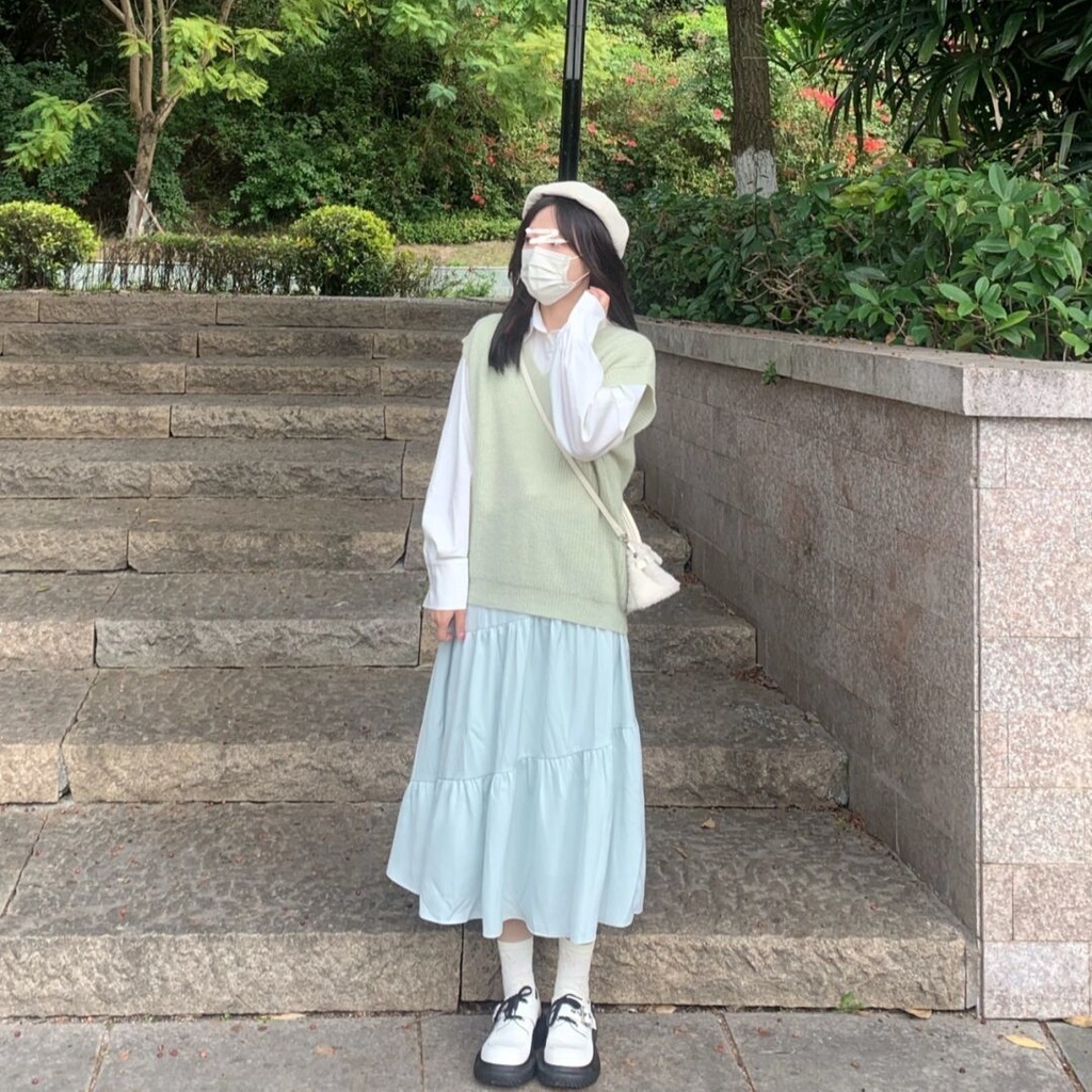 Bộ Áo Sơ Mi + Áo Vest Dệt Kim Thiết Kế Mới Trẻ Trung Cho Nữ