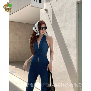 High quality · Nini [new season] denim stretch jumpsuit women's summer hot pants Korean style sense zipper sleeveless vest straight long pants