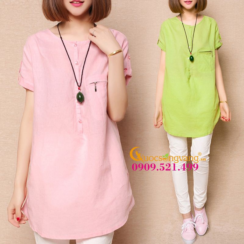 Áo nữ áo sơ mi nữ dáng dài dáng dài gai pha bông GLA030 xanh lá Cuocsongvang