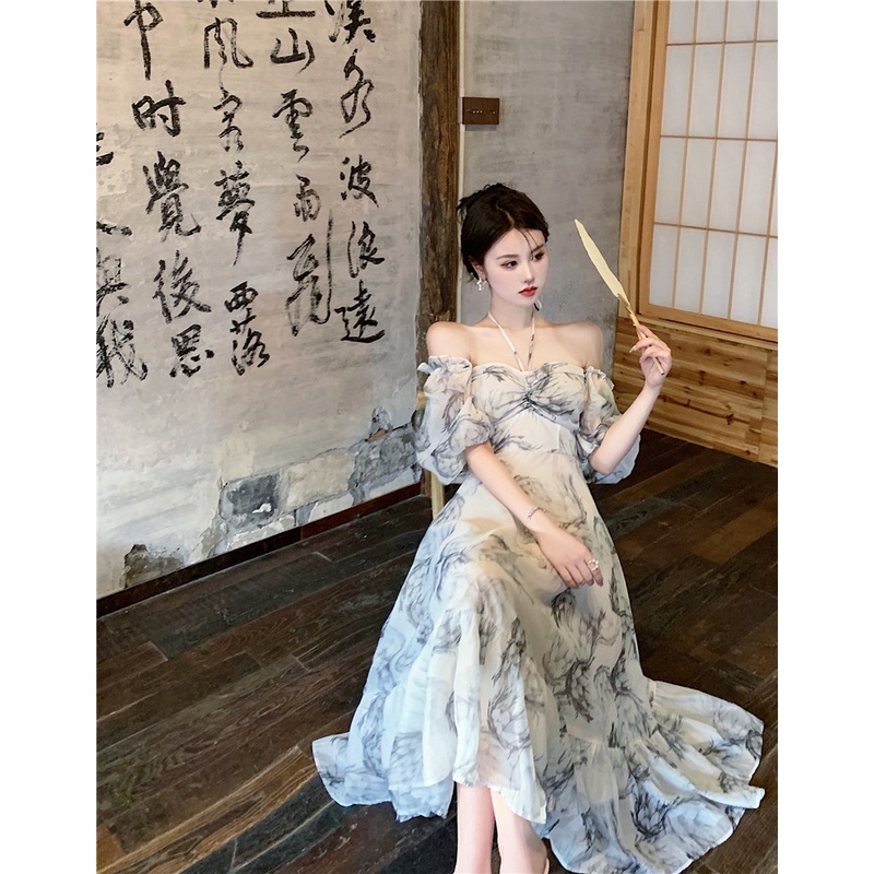 Đầm Dáng Dài Chiết Eo Hẹp In Họa Tiết Hoa Đám Mây Mờ Thời Trang Pháp Cao Cấp