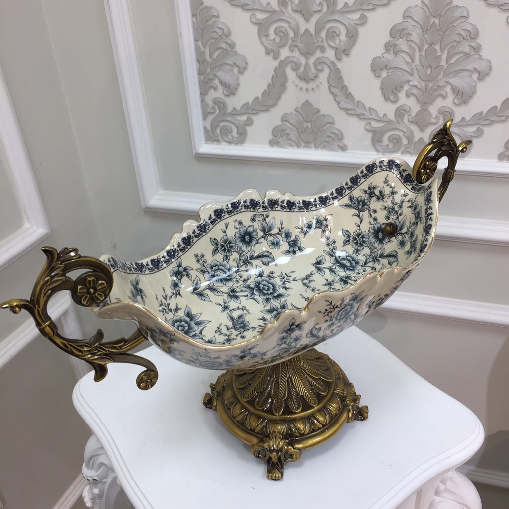 Đĩa quả men sứ rạn hoa nhí xanh mang phong cách tân cổ điển sang trọng CB30-DQ1