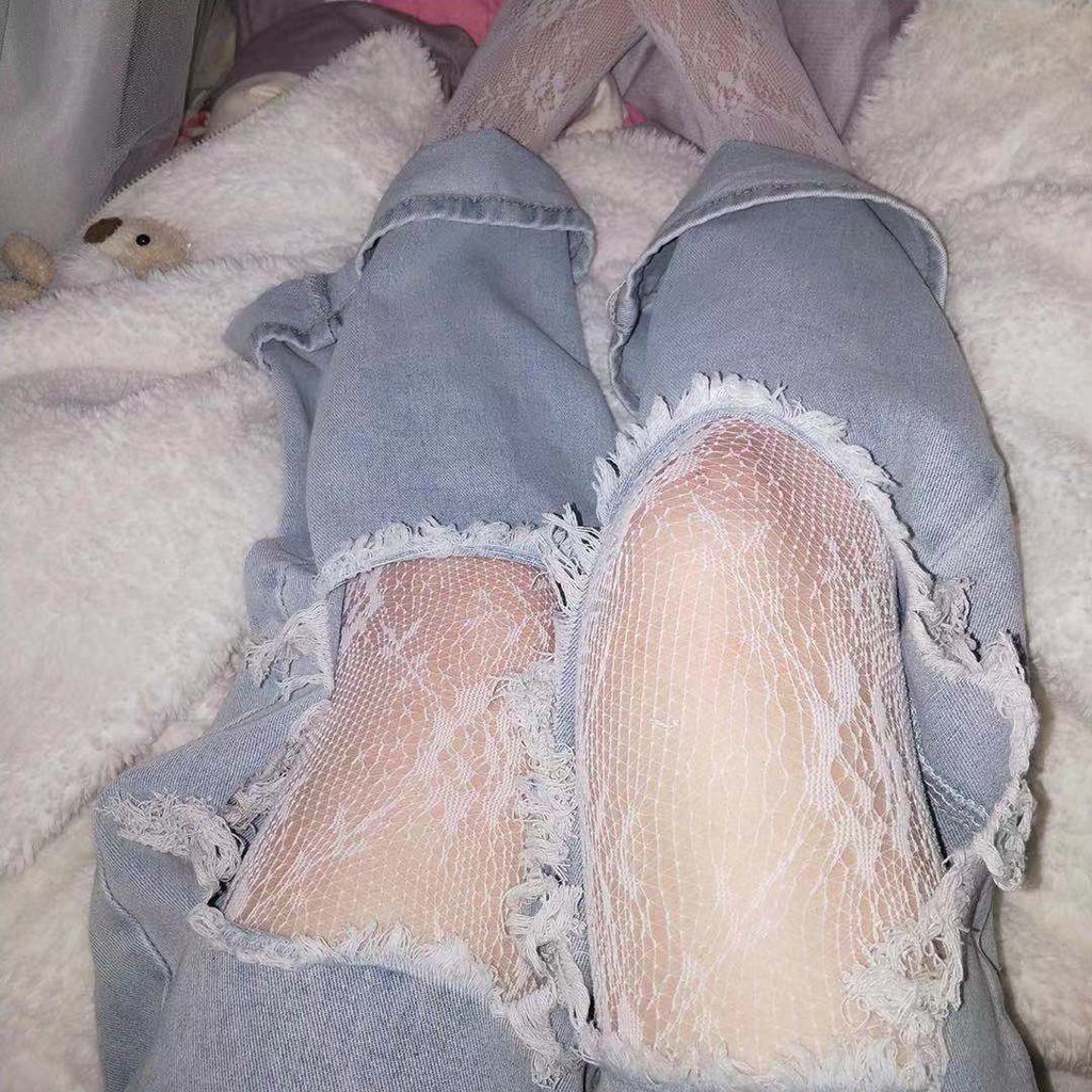 Jiashucheng Quần Jean Nữ Lưng Cao Ống Rộng Rách Gối Thời Trang Mùa Hè Phong Cách Hàn Quốc Mới