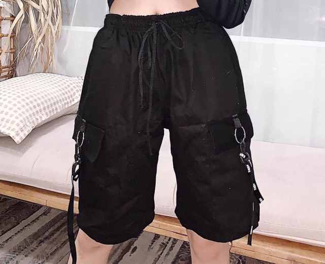 Quần short ngố kaki túi hộp unisex Dây Đen Trắng nam nữ phong cách ulzzang Wind