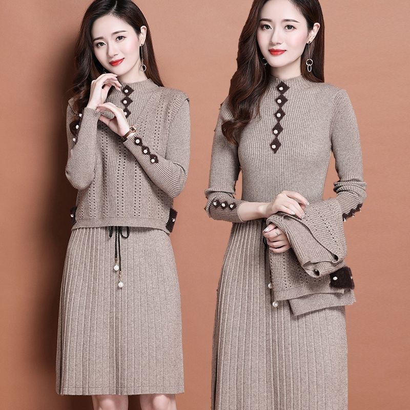 L55 Sét len gồm váy len và áo zile cổ tim điệu đà sang chảnh quý phái hàng Quảng Châu cao cấp