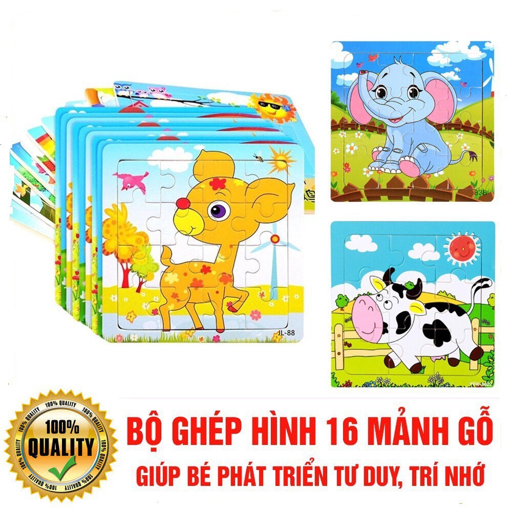 Bộ 20 Tranh Ghép 16 Miếng Chủ Đề Động Vật Và Phương Tiện Giao Thông Không Trùng Nhau Bằng Gỗ