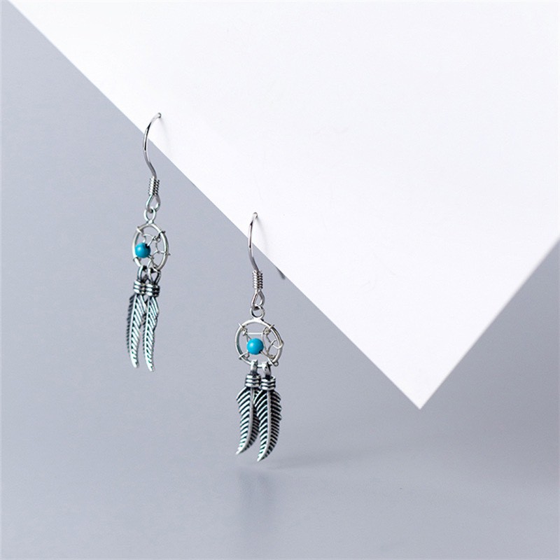 Khuyên tai bạc 925 thiết kế dream catcher đá xanh phong cách độc đáo trẻ trung mới lạ Dế Bạc - K5464