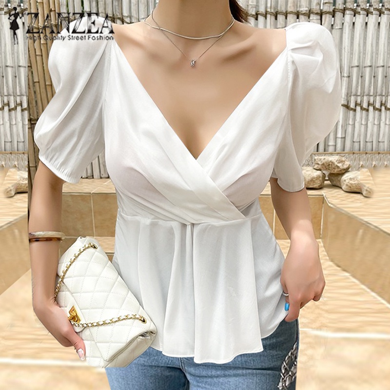 Áo kiểu ZANZEA tay phồng cổ chữ V thời trang Hàn Quốc cho nữ