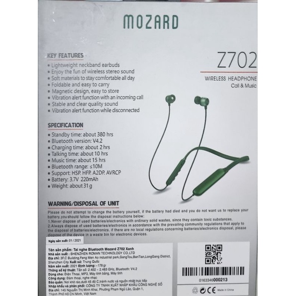 ] Tai nghe Bluetooth Mozard Z702 Xanh Fulbox tgdđ