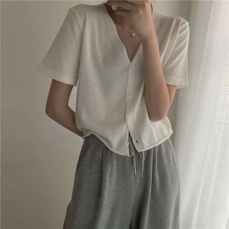 Áo cardigan dệt kim XIAOZHAINV màu trơn dáng rộng tay ngắn cổ chữ V có 5 màu sắc cho nữ