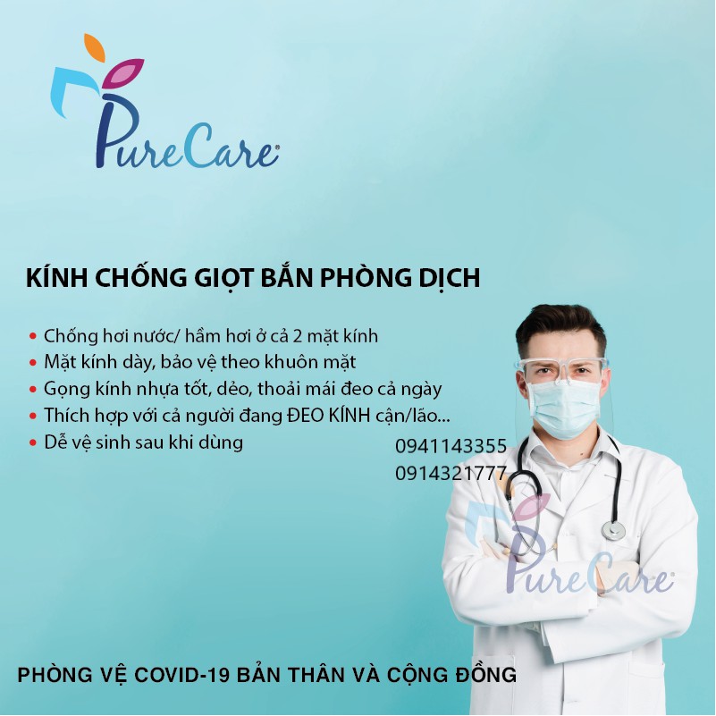 Kính bảo hộ lao động Purecare chống giọt bắn, chống bụi bẩn sương mù