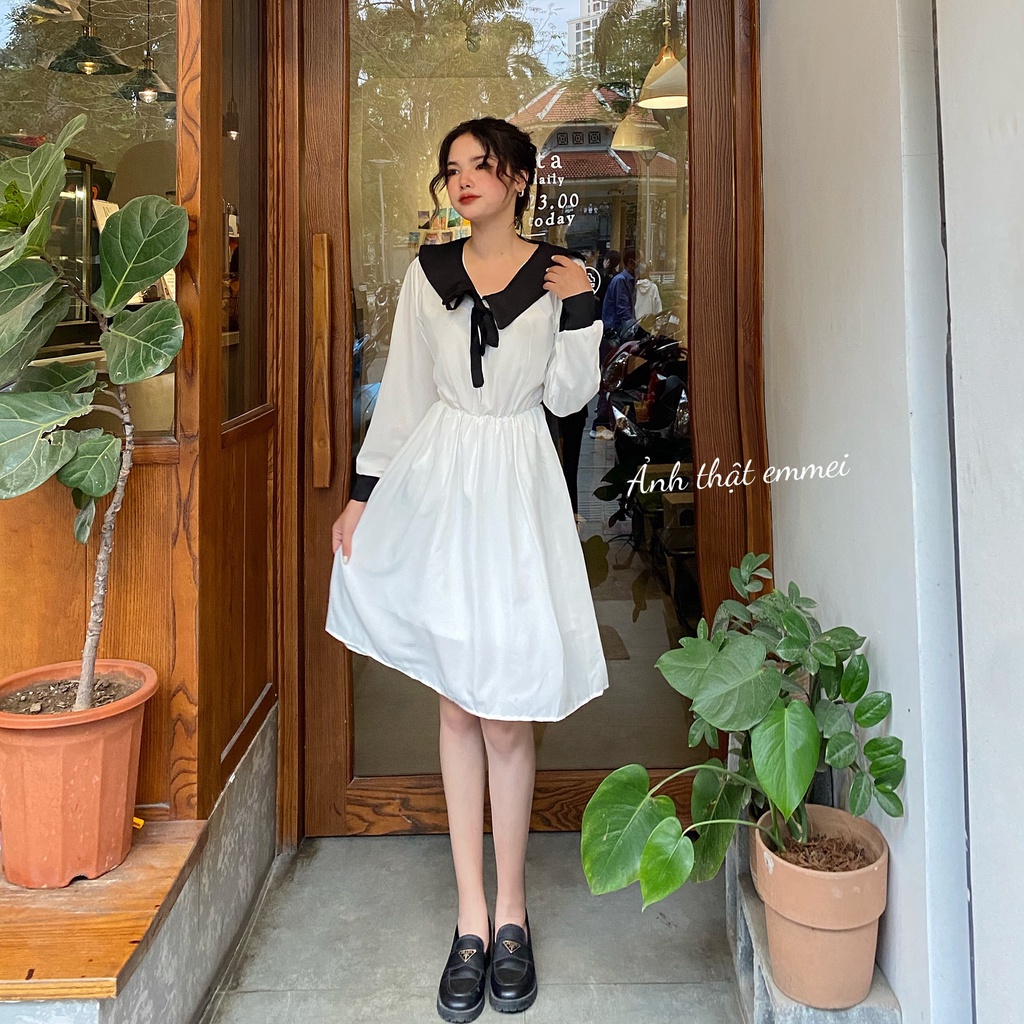 Váy babydoll nơ cổ dài tay trắng đen, đầm tiểu thư emmei v114