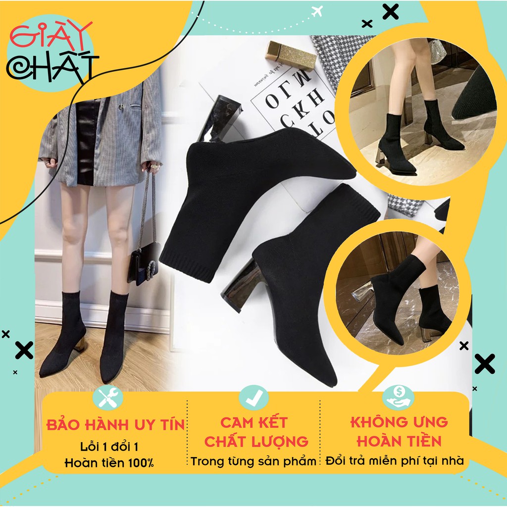 Giày Bốt Len Nữ Gót Tráng Gương, Boot Len Nữ Cổ Cao Lửng Gót Trụ Bạc Tráng Gương Cao 7 Phân Hàng Quảng Châu
