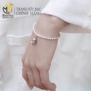 Lắc tay nữ bạc đẹp, vòng tay bi tròn trơn treo chuông mèo thần tài bạc ta Minh Thoa JEWELRY