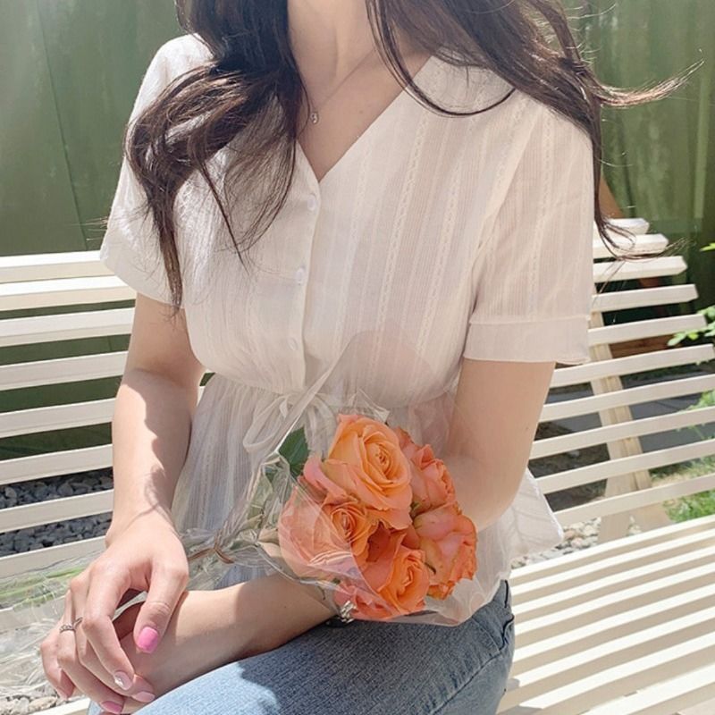 Áo peplum Ngắn Tay Cổ Chữ V Vải Cotton