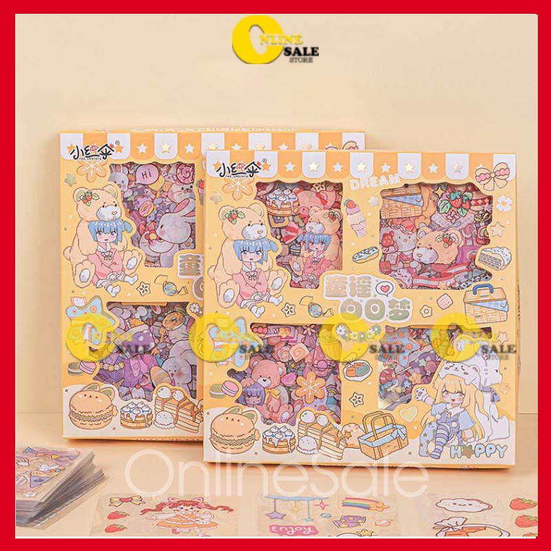 Hộp 100 Sticker 1k hình dán decor trang trí bàn học, sổ nhật kí,sổ tay hình bé gái đáng yêu