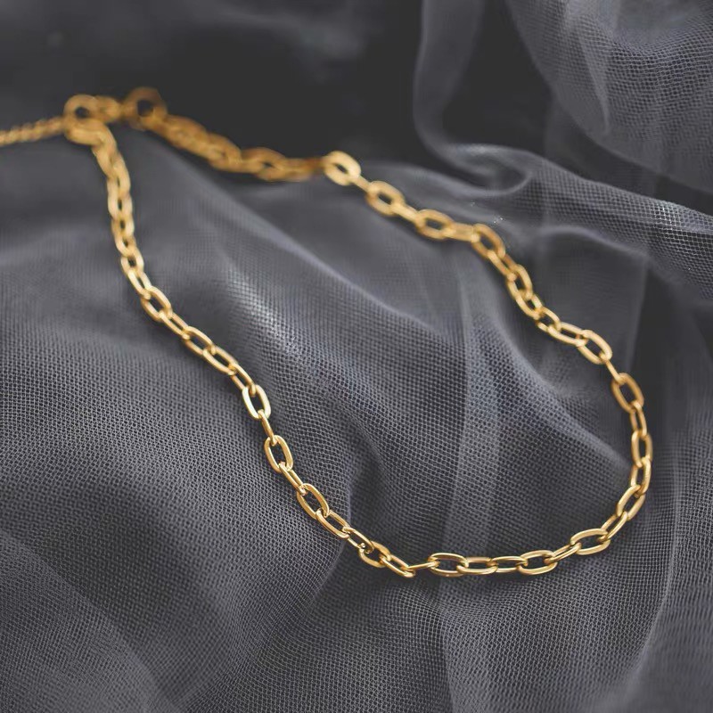 Vòng cổ choker bằng thép titan mạ vàng hồng 18K / vàng dạng chuỗi xích hình chữ nhật phong cách Âu Mỹ dễ phối đồ