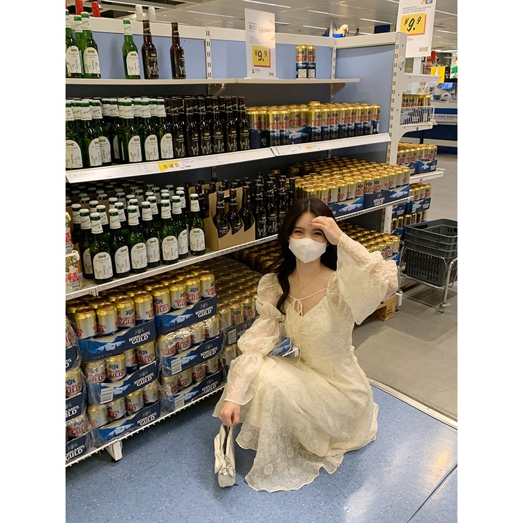 M181 - Đầm hoa Ulzzang cổ vuông nhúng ngực thắt dây tay loe eo chun