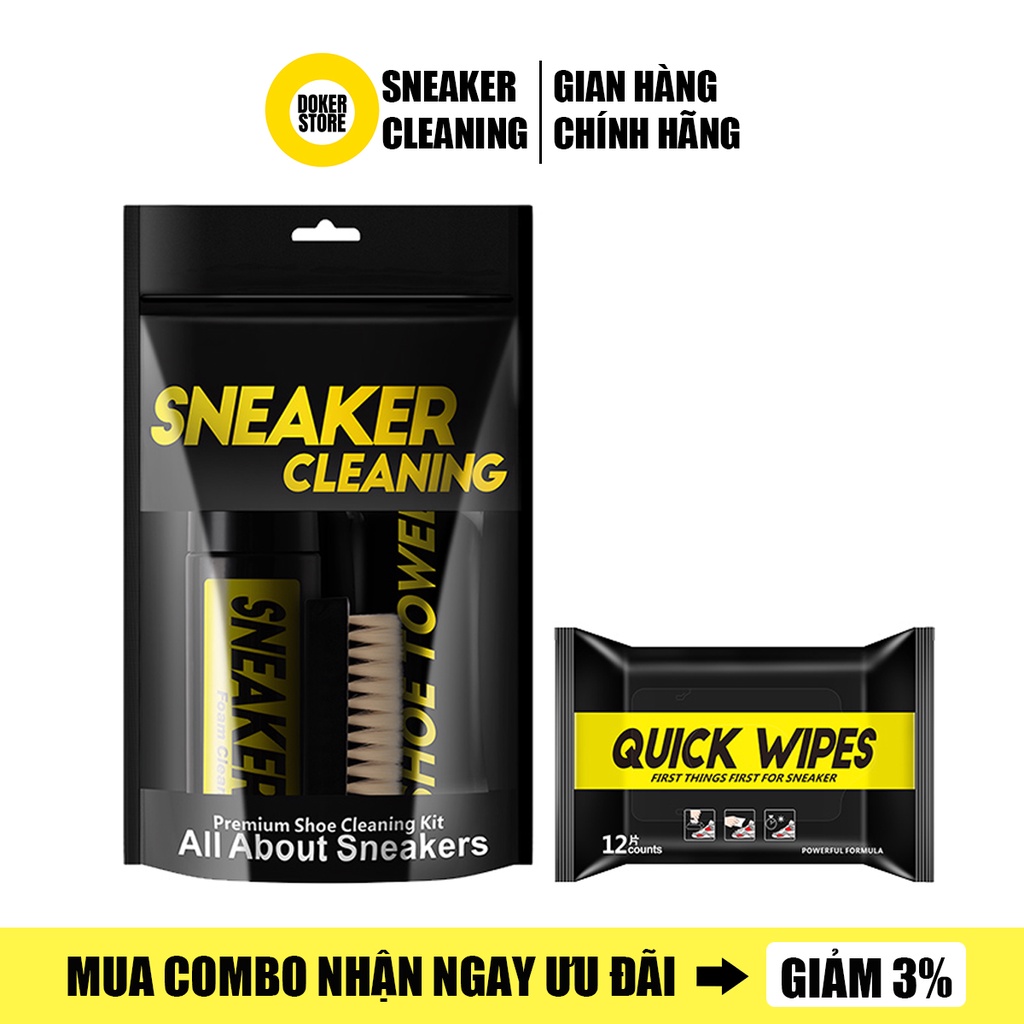 Combo Bộ kit vệ sinh giày Sneaker Cleaning 150ml và 12 khăn lau giày Quick Wipes