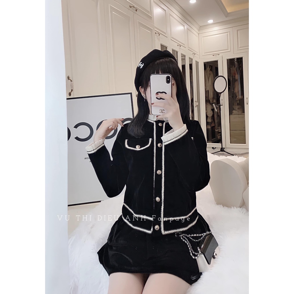 Áo khoác nhung viền dây cổ bèo nắp túi thu đông